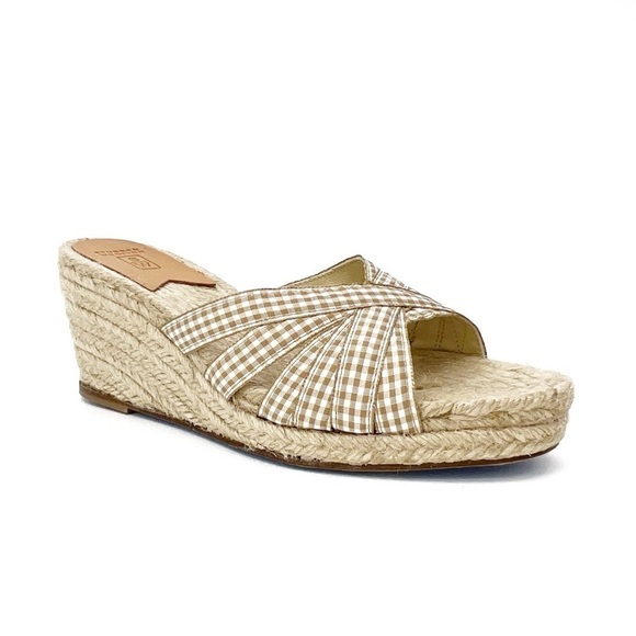Stubbs & Wooton Kelly Espadrille Wedge Sandals Size 38 Tan White Gingham Check - Picture 1 of 12